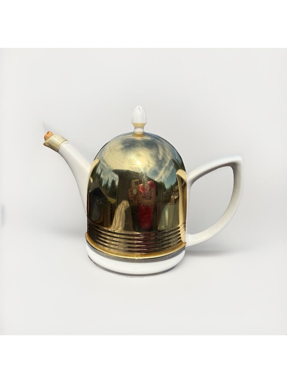 Hall China Co. Forman Family Inc. Ceramic Cozy Teapot w Gold Metal Dome Cover